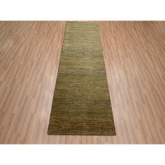 2'8"x8' Almond Brown Hand Knotted Modern Grass Design Wool and Silk Runner Rug