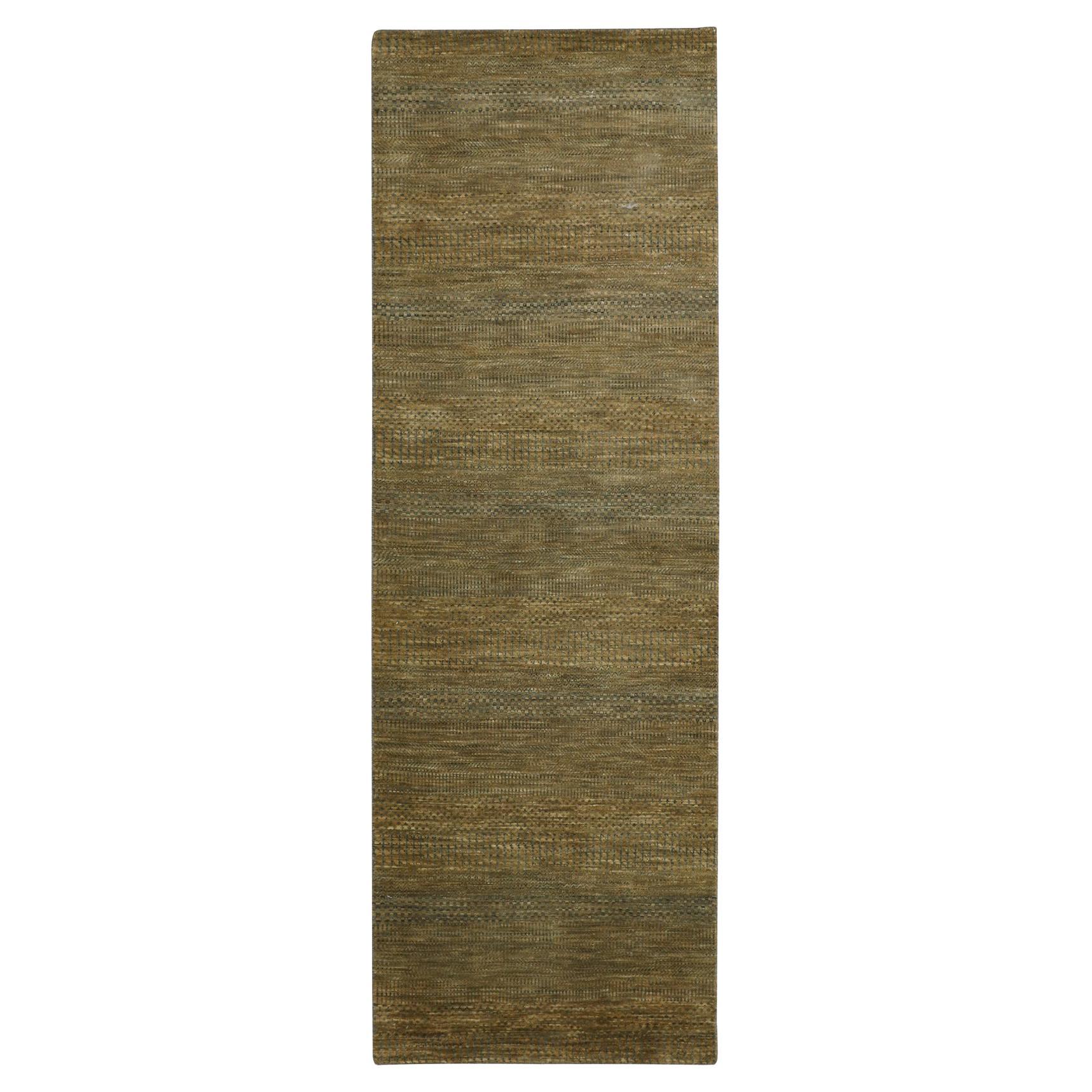 2'8"x8' Almond Brown Hand Knotted Modern Grass Design Wool and Silk Runner Rug