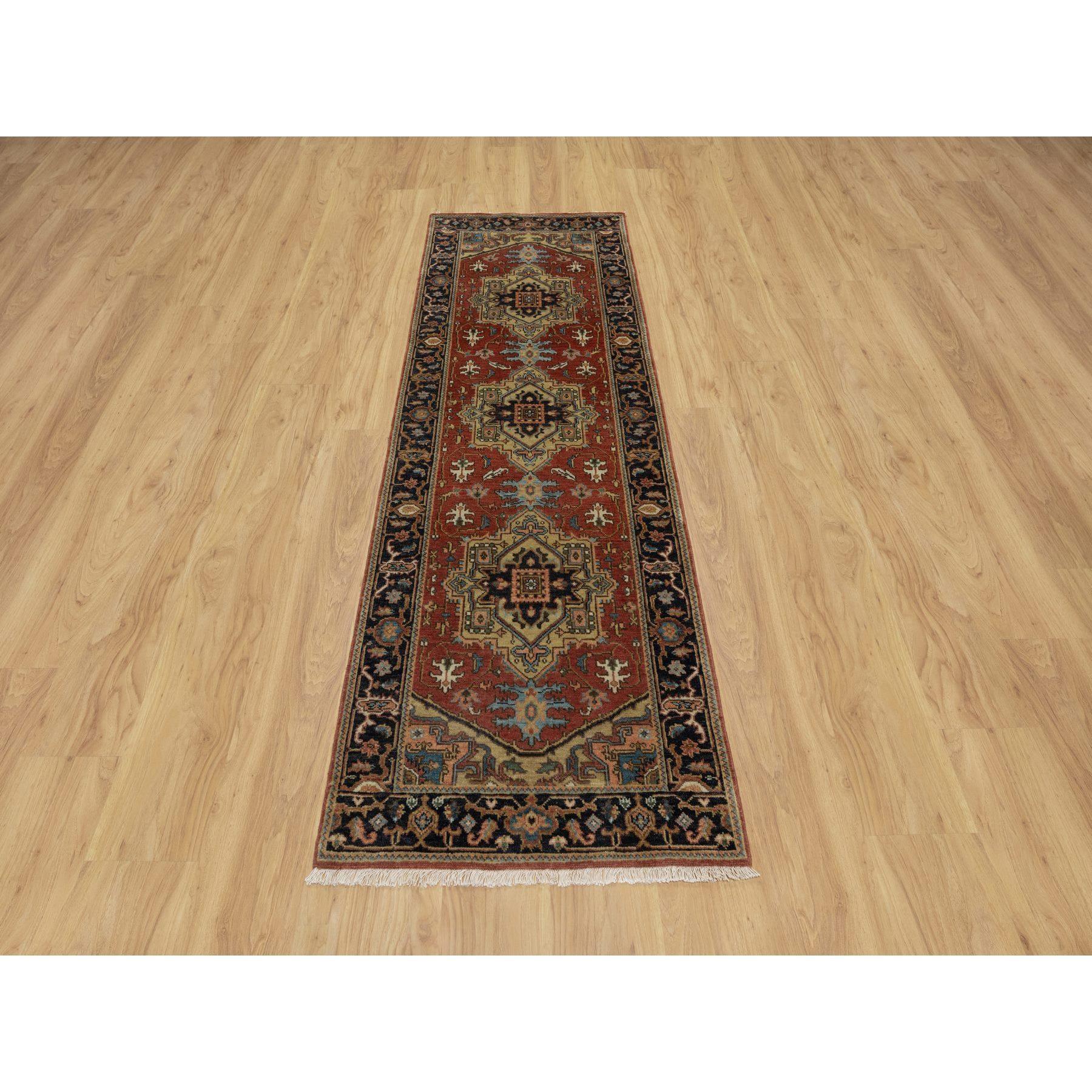 Auburn Red, Hand Knotted, Densely Woven, Heriz Revival with Medallion Design, Hand Spun New Zealand Wool, Runner, Oriental Rug
Primary materials: Wool
Latex: No Pile 
height: 0.25 Inches
Style: Traditional
Primary color: Red
Secondary colors: Green,