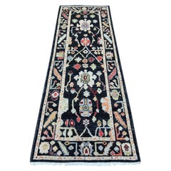 2'8 "x8' Alfombra afgana negra de angora con diseño de hojas de oushak anudada a mano