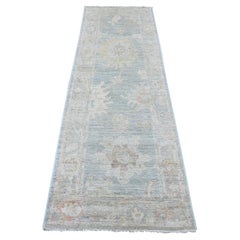2'8 "x8' Blauer handgeknüpfter afghanischer Angora Oushak Blatt Design Wollteppich Läufer