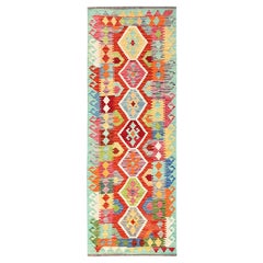 2'8"x8' Colorful Afghan Kilim Geometric Pattern All Wool Hand Woven Runner Rug