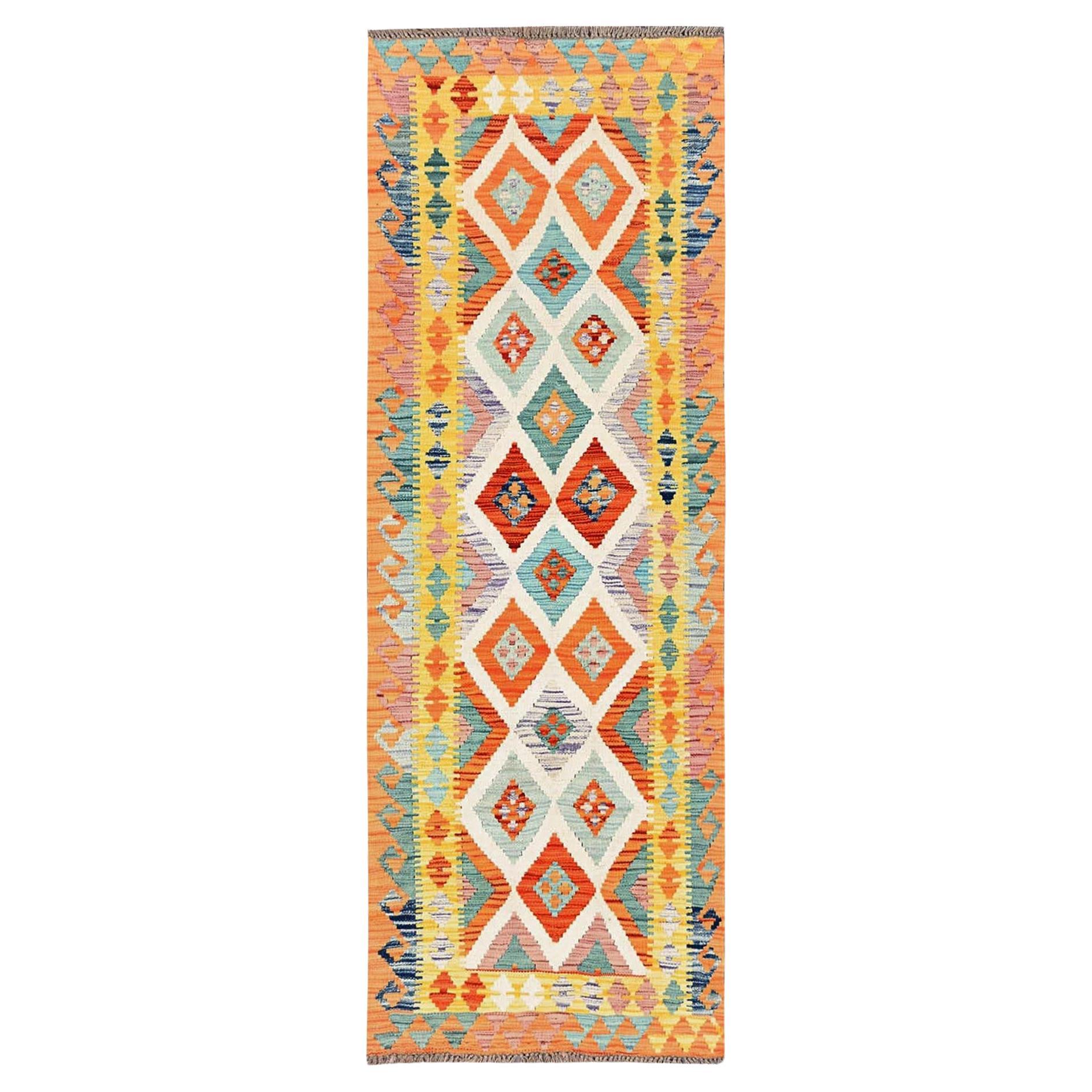 2'8"x8' Colorful Afghan Kilim Geometric Pattern Flat Weave All Wool Runner Rug For Sale