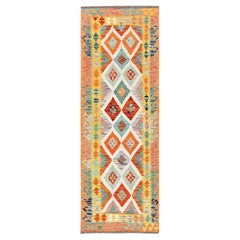 2'8"x8' Colorful Afghan Kilim Geometric Pattern Flat Weave All Wool Runner Rug