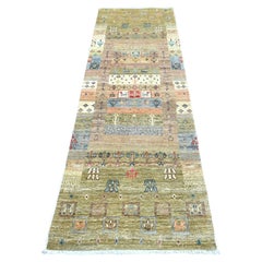 2'8"x8' Green Kashkuli Gabbeh Animal Figurines Hand Knotted Wool Runner Rug