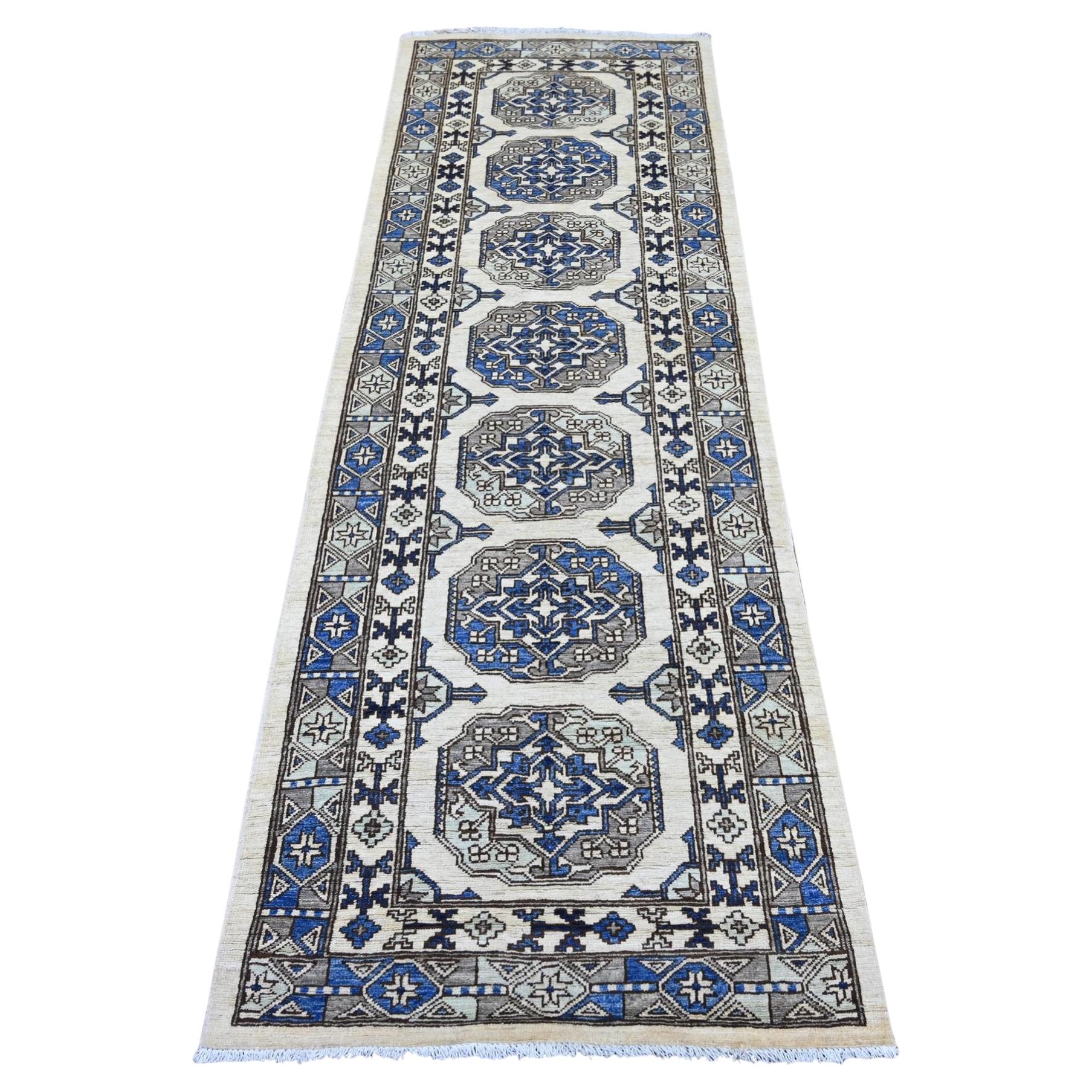 2'8"x8' Ivory Afghan Ersari Elephant Feet Design Hand Knotted Wool Runner Rug
