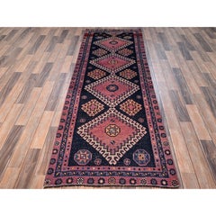 2'8"x8' Navy Blue Vintage Persian Shiraz Hand Knotted Pure Wool Runner Rug