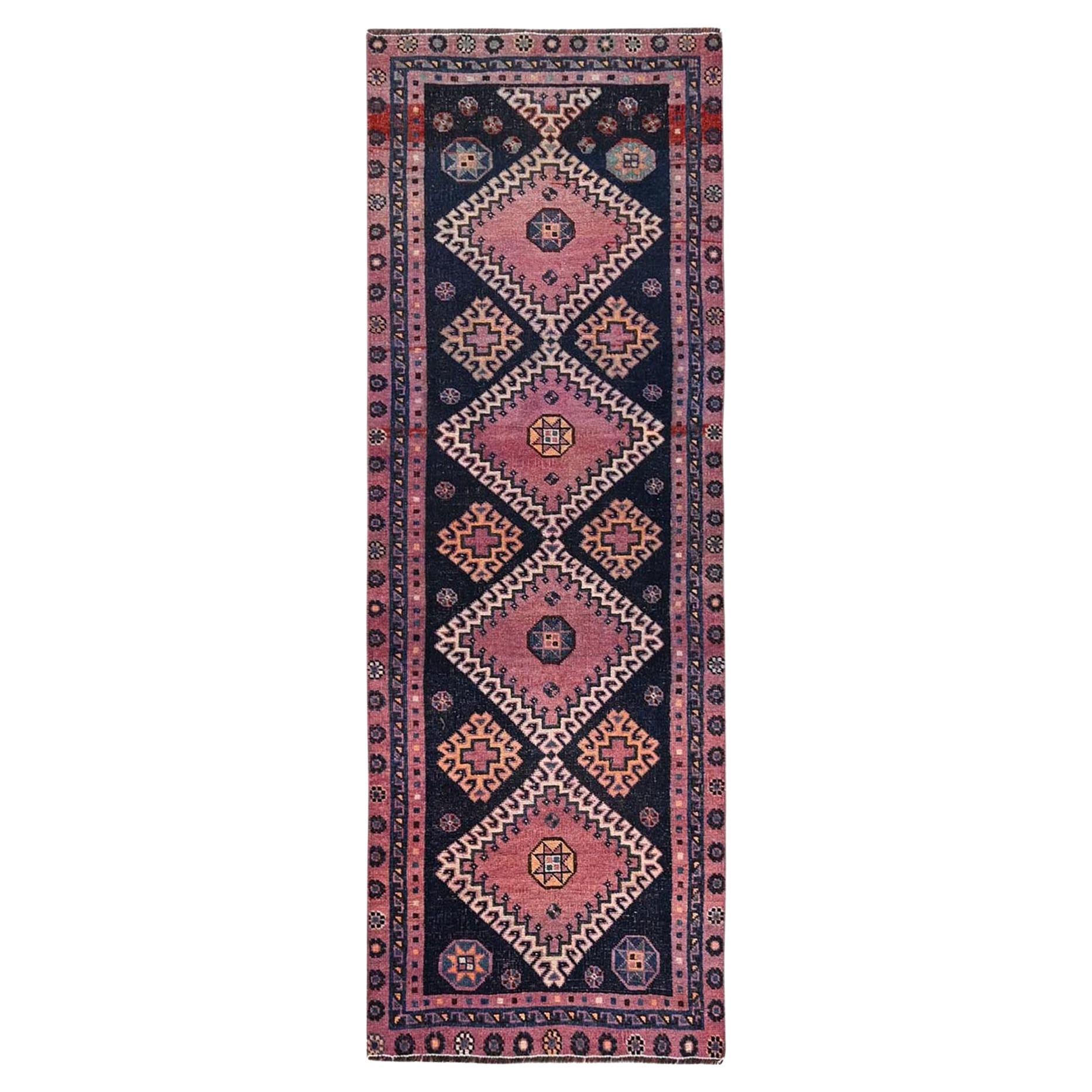 2
8"x8
 Navy Blue Vintage Persian Shiraz Hand Knotted Pure Wool Runner Rug