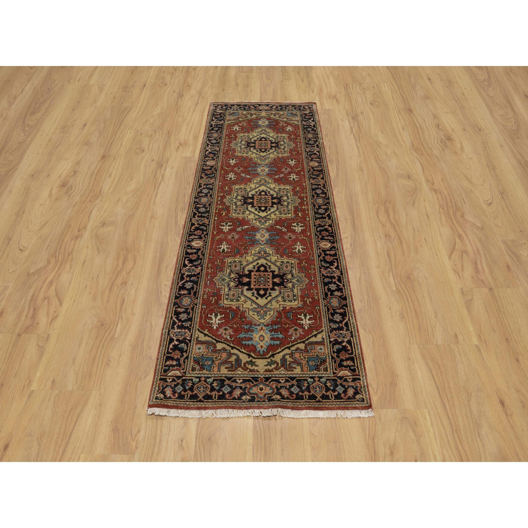 Auburn Red, Heriz Revival with Medallion Design, Hand Spun New Zealand Wool, Densely Woven, Hand Knotted, Runner, Oriental Rug
Primary materials: Wool
Latex: No Pile 
height: 0.25 Inches
Style: Traditional
Primary color: Red
Secondary colors: Green,