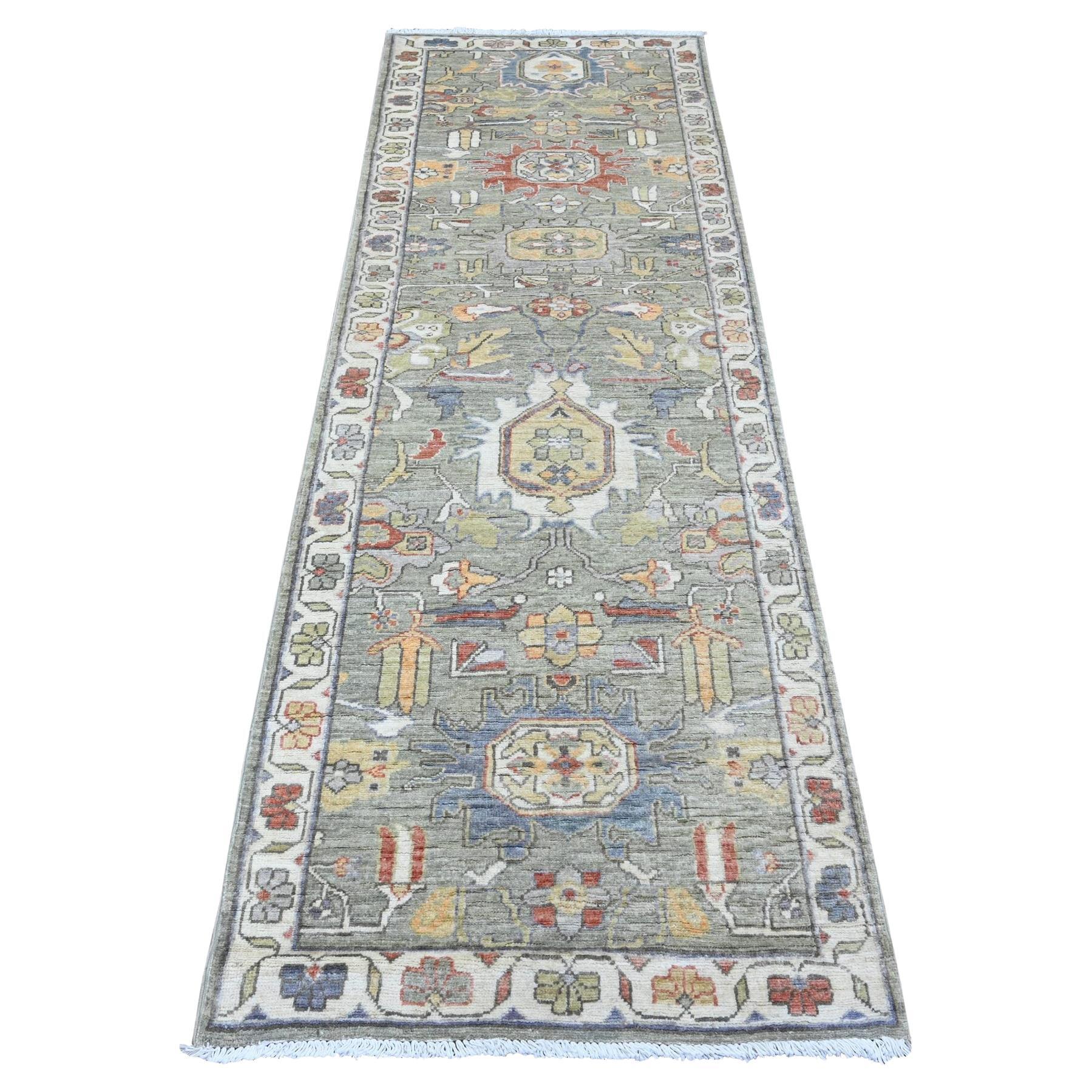 2
8"x8
 Sage Green Peshawar with Heriz Design All Wool Hand Knotted Runner Rug