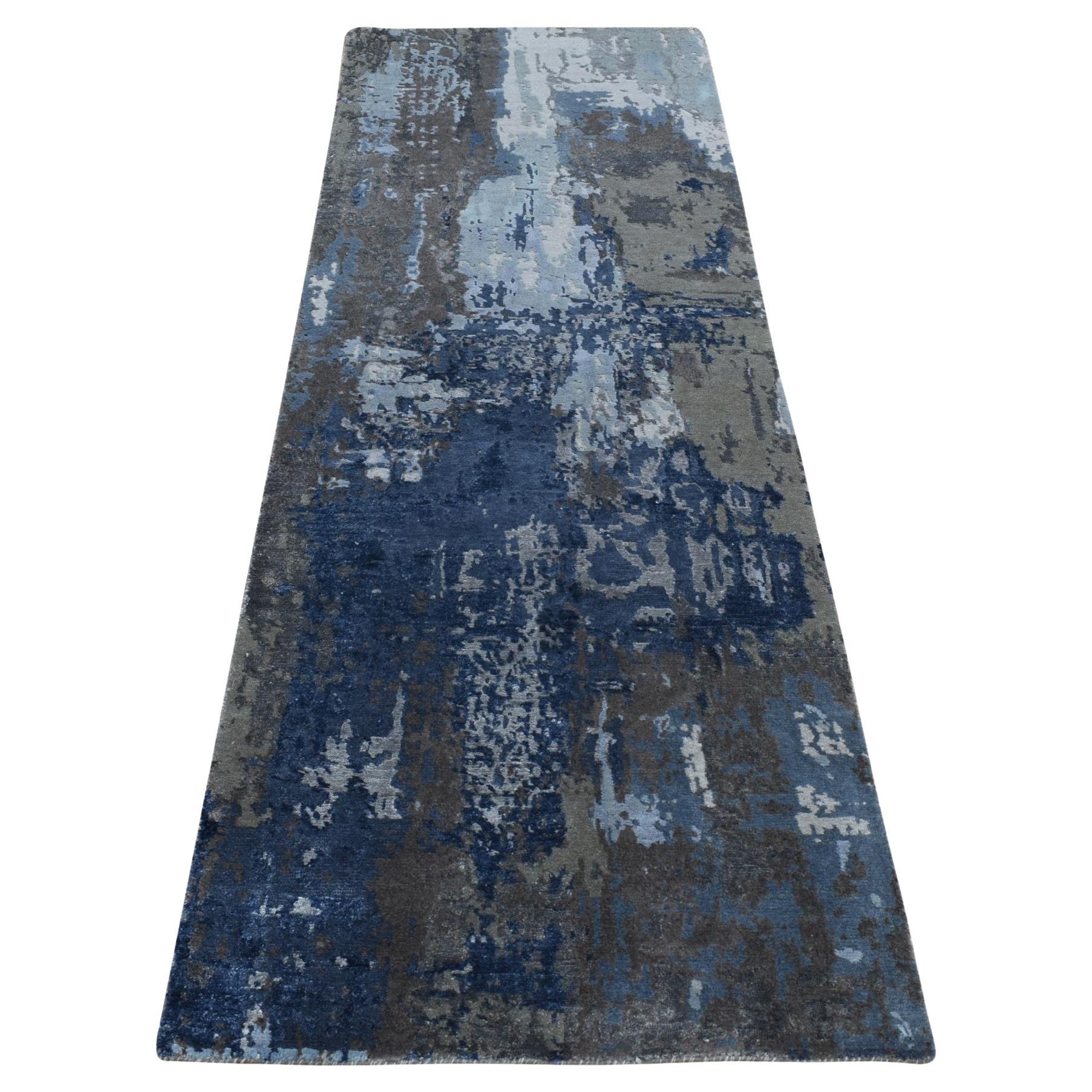 2'8 "x8'1" Blu, Annodato a mano, Disegno astratto, Lana e seta, Tappeto Runner