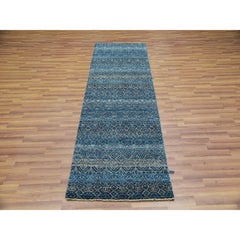 2'8"x8'1" Blue Hand Knotted Kohinoor Repetitive Diamond Wool Runner Oriental Rug