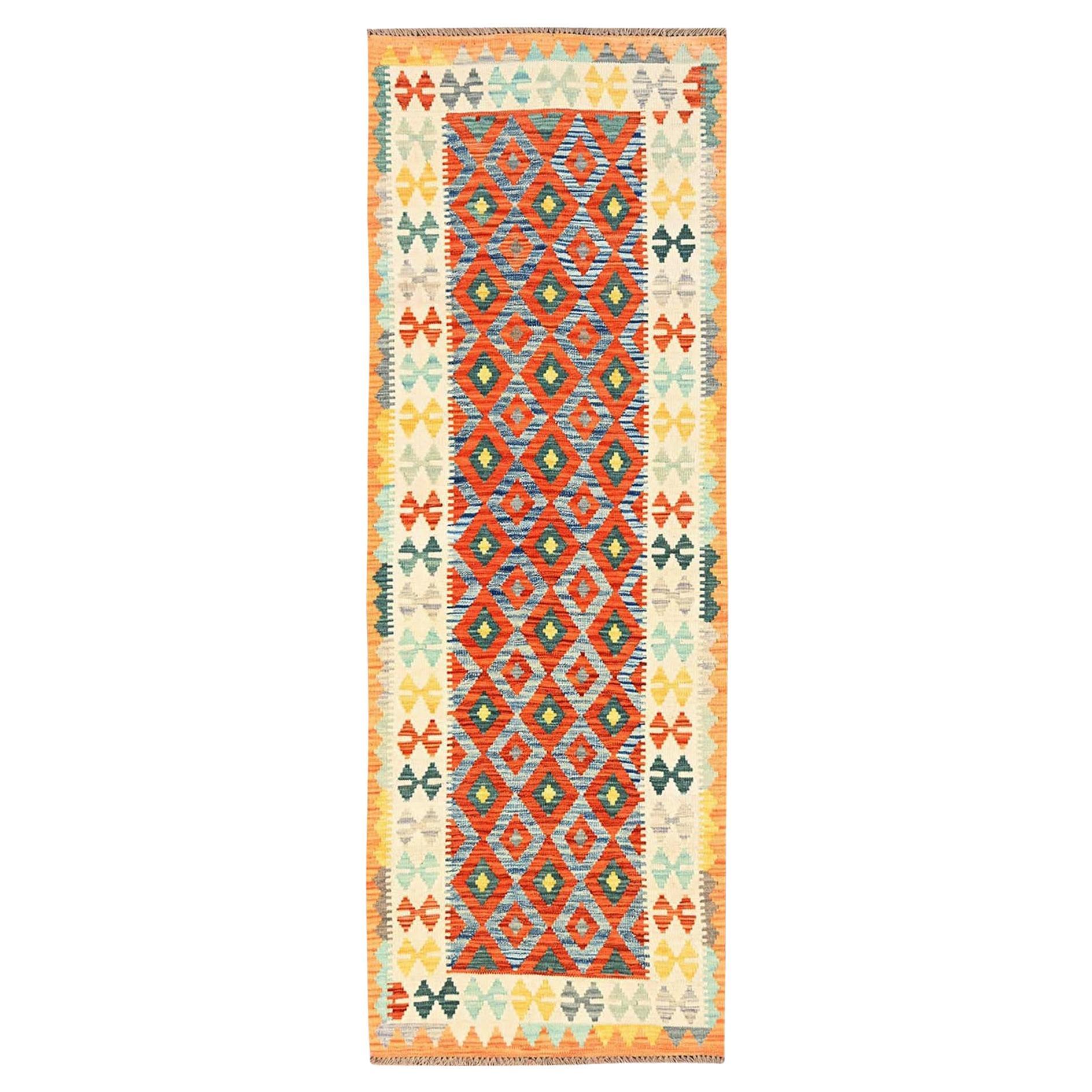 2'8"x8'1" Colorful Afghan Kilim Geometric Pattern Flat Weave All Wool Runner Rug For Sale