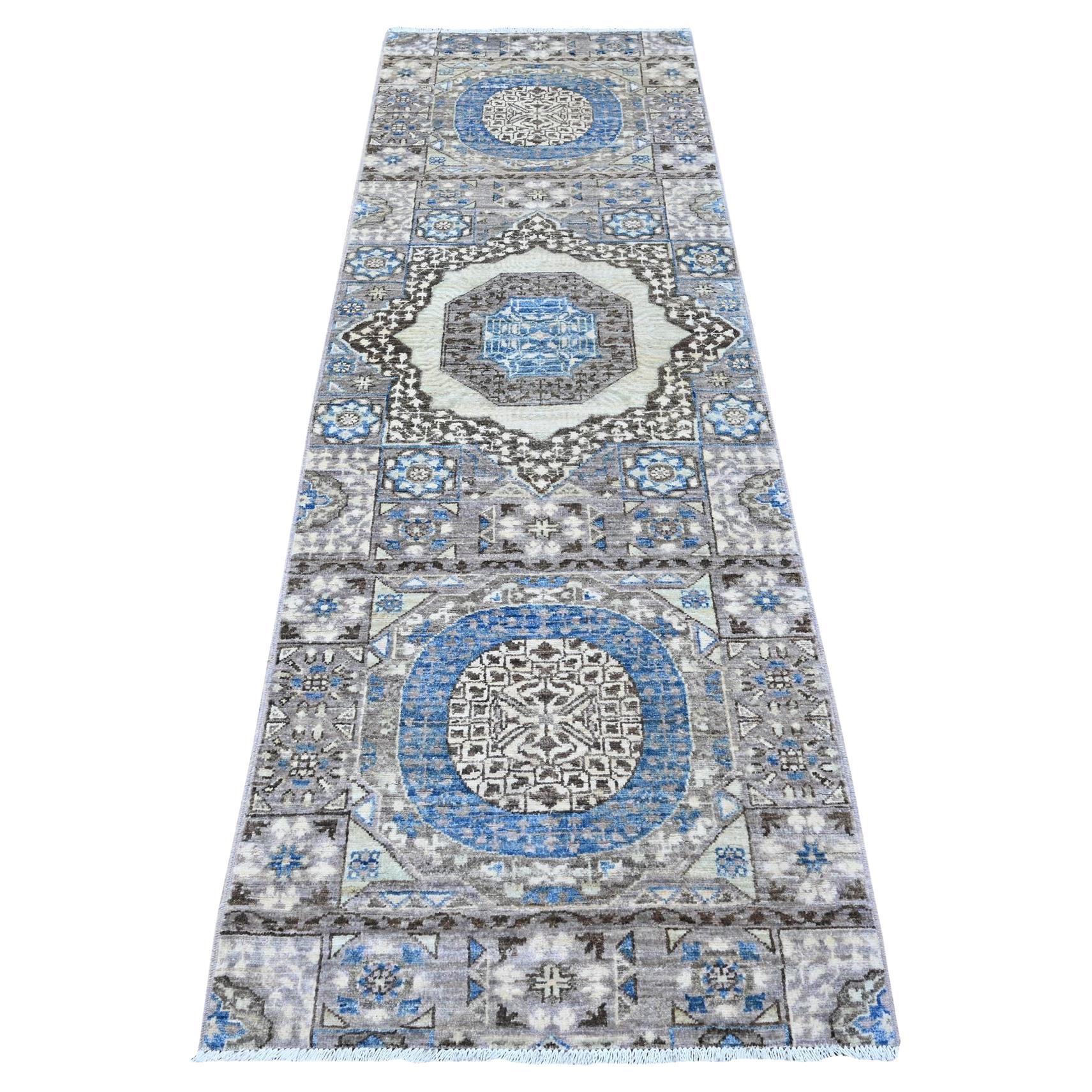 2'8 "x8'1" Gris Mamluke Medallions Design Wool Hand Knotted Runner Tapis d'Orient en vente