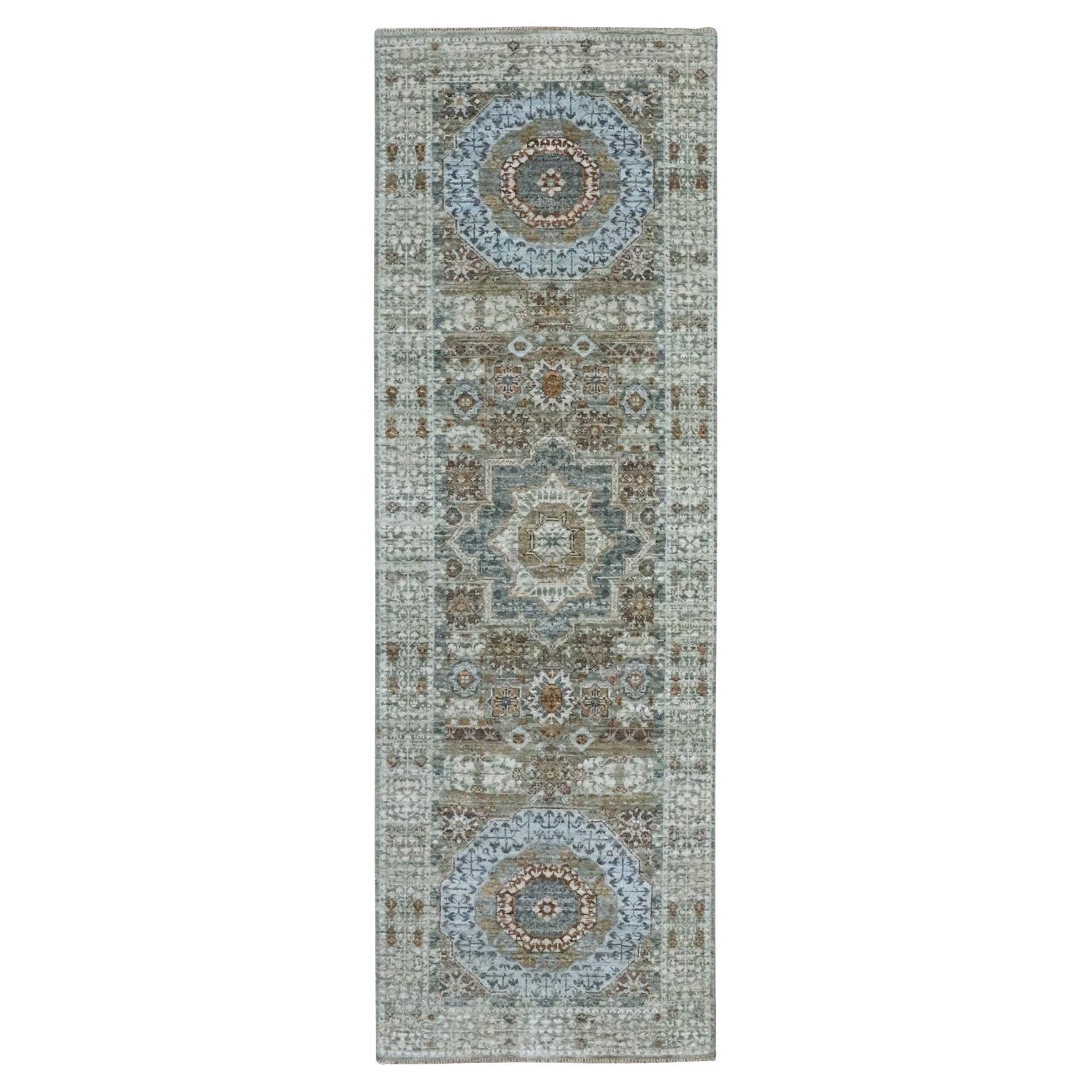 2
8 "x8
1" verde annodato a mano con disegno Mamluke pre-storico in pura lana