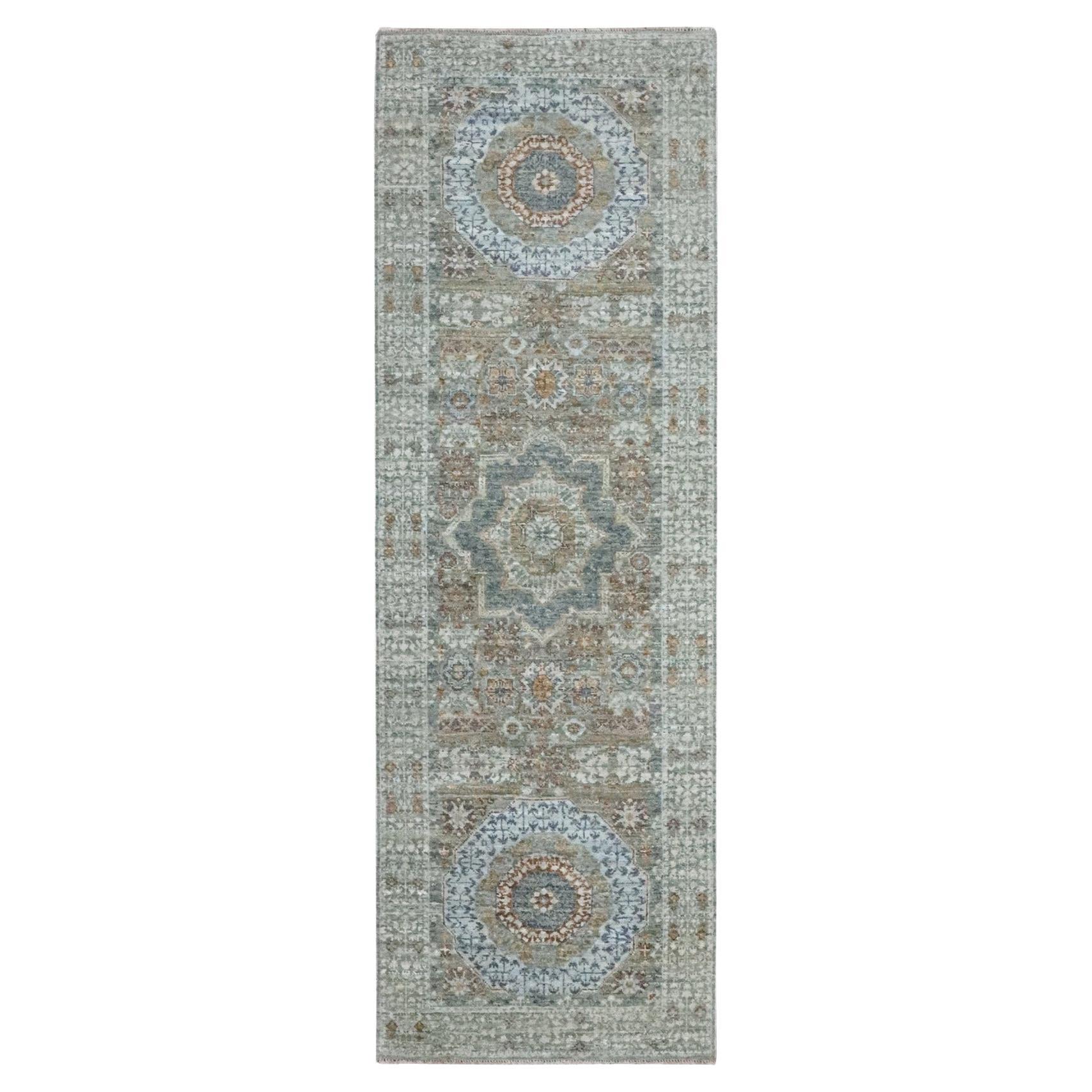 Tappeto runner annodato a mano con disegno Mamluke preistorico, di colore verde, 2
8 "x8
1".
