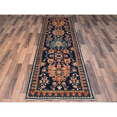 2'8"x8'1" Midnight Blue Heriz All Over Design Hand Knotted Soft Wool Runner Rug
