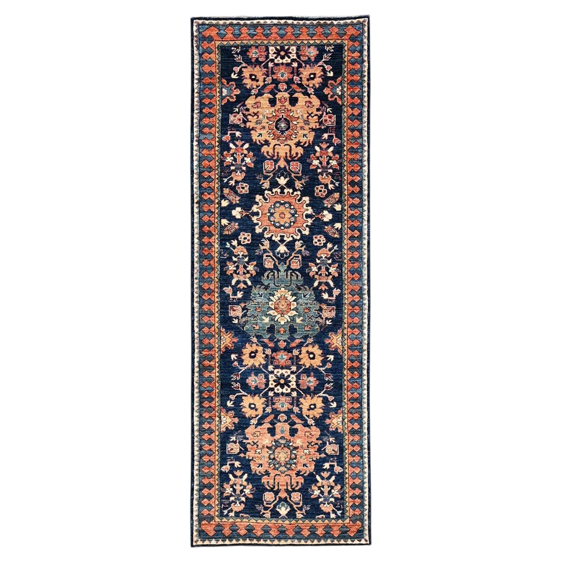 2'8"x8'1" Midnight Blue Heriz All Over Design Hand Knotted Soft Wool Runner Rug
