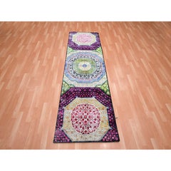 2'8"x8'1" Red and Yellow Hand Knotted Mamluk Design Silk with Wool Runner Rug