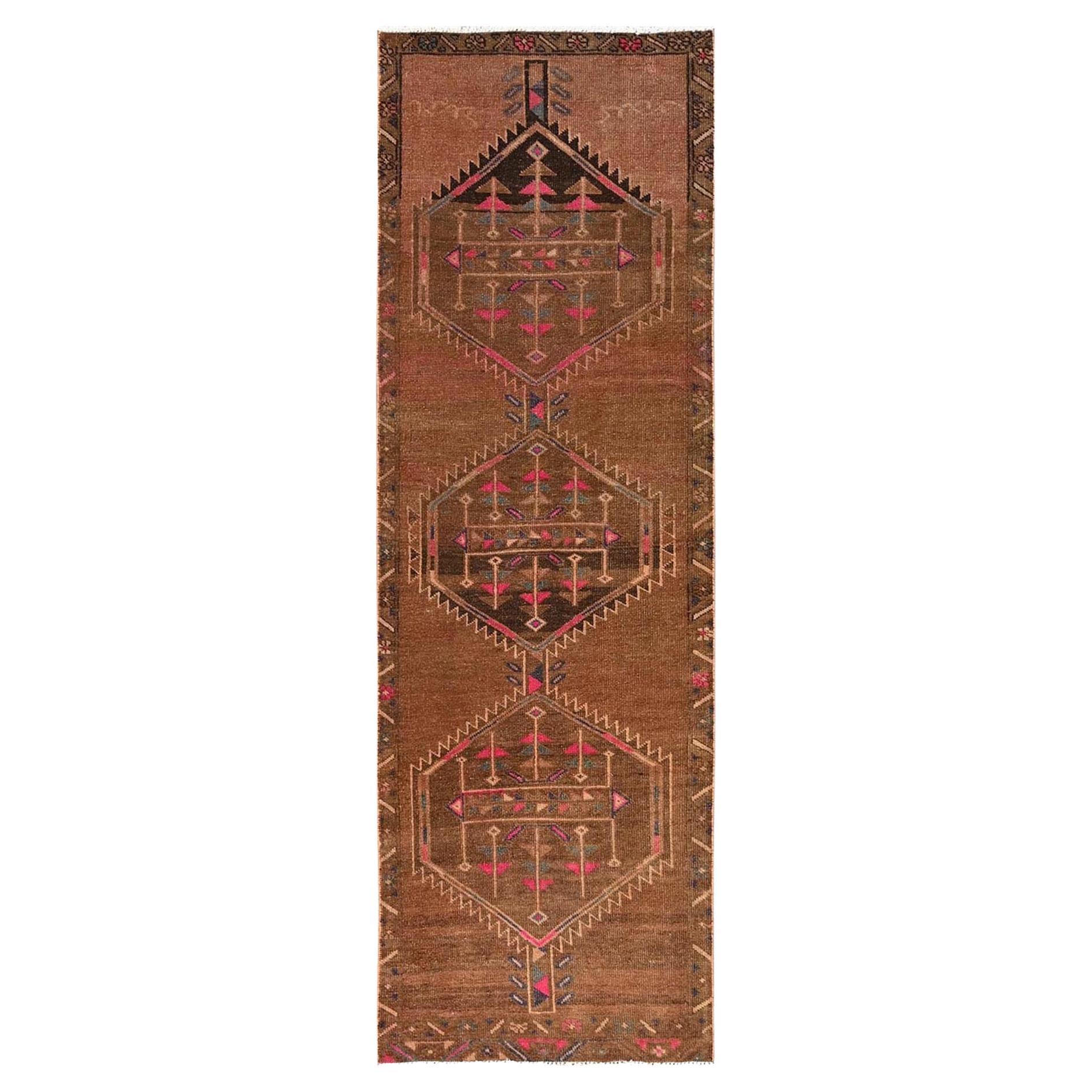 2
8"x8
10" Brown Vintage Persian Hamadan Worn Out Hand Knotted Wool Runner Rug