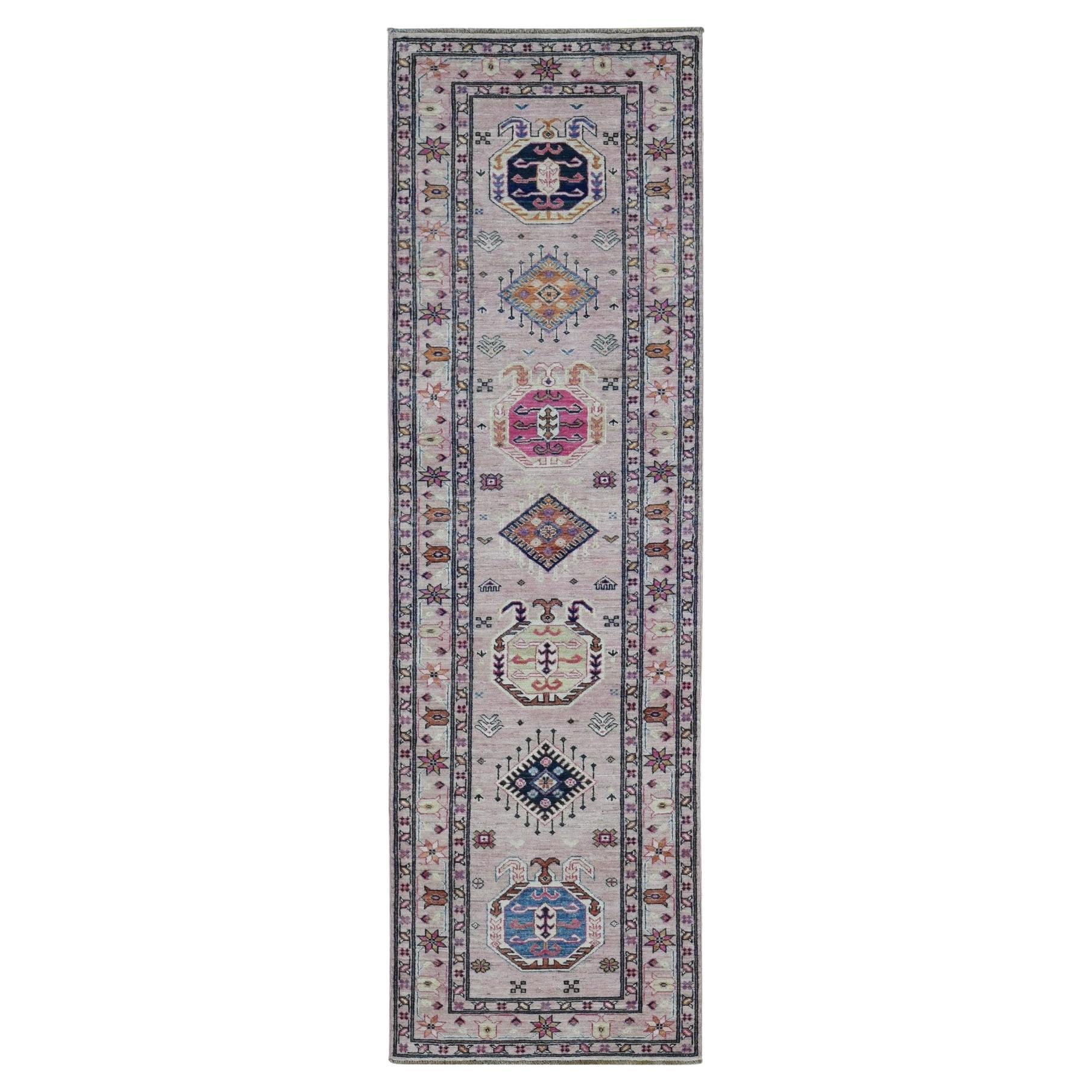 2'8"x8'10" Pastel Pink Hand Knotted Afghan Super Kazak Pure Wool Runner Rug