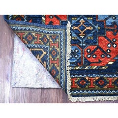2'8"x8'2" Blue Afghan Ersari Elephant Feet Design Hand Knotted Wool Runner Rug