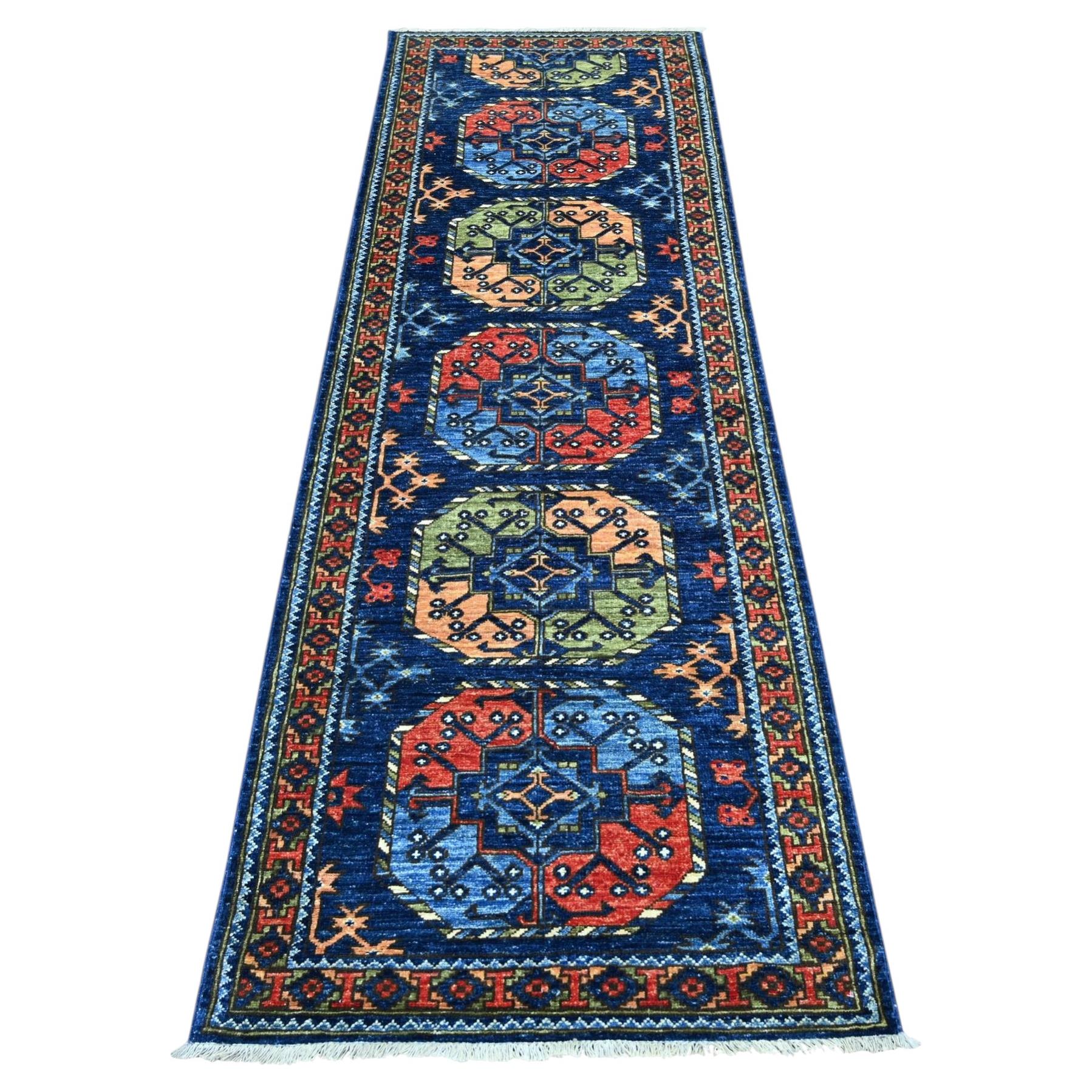 2'8"x8'2" Blue Afghan Ersari Elephant Feet Design Hand Knotted Wool Runner Rug