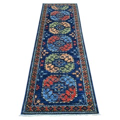 2'8"x8'2" Blue Afghan Ersari Elephant Feet Design Hand Knotted Wool Runner Rug