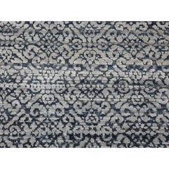 2'8"x8'2" Blue, Modern Damask Design Hand Knotted, Wool and Silk Runner Rug