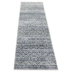 2'8"x8'2" Blue, Modern Damask Design Hand Knotted, Wool and Silk Runner Rug