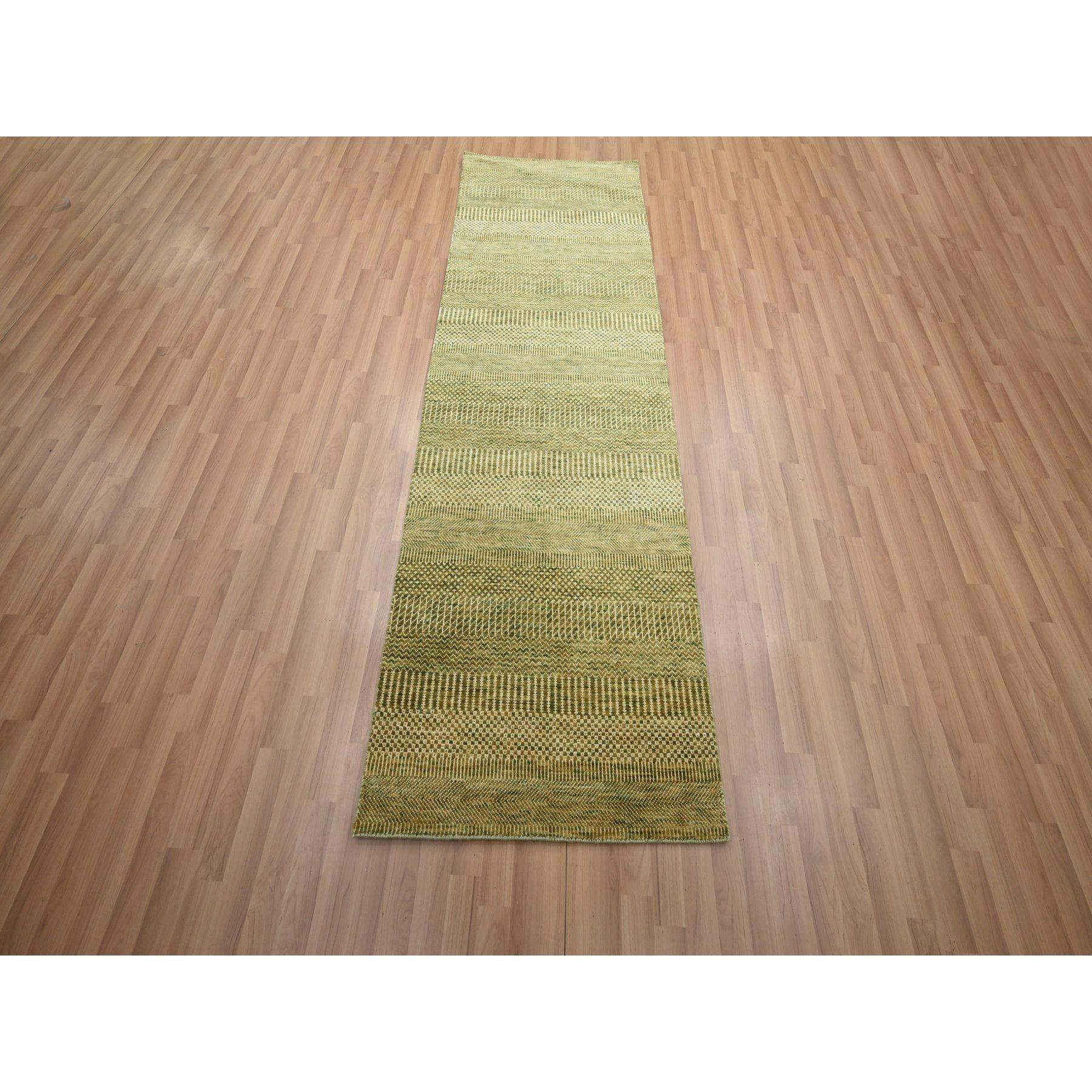 Fawn Brown, Denser Weave, Modern Grass Design, Hand Knotted, Wool and Silk, Lush and Plush, Runner, Oriental Rug
Primary materials: Wool & Silk
Latex: No Pile 
height: 0.25 Inches
Style: Contemporary
Primary color: Brown
Secondary colors: Gold,
