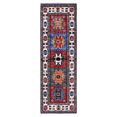 Tappeto Runner Colorful Caucasian Design Revival in Lana Morbida Annodata a Mano 2'8 "x8'2"