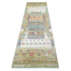 2'8"x8'2" Green Hand Knotted Kashkuli Gabbeh Animal Figurines Wool Runner Rug