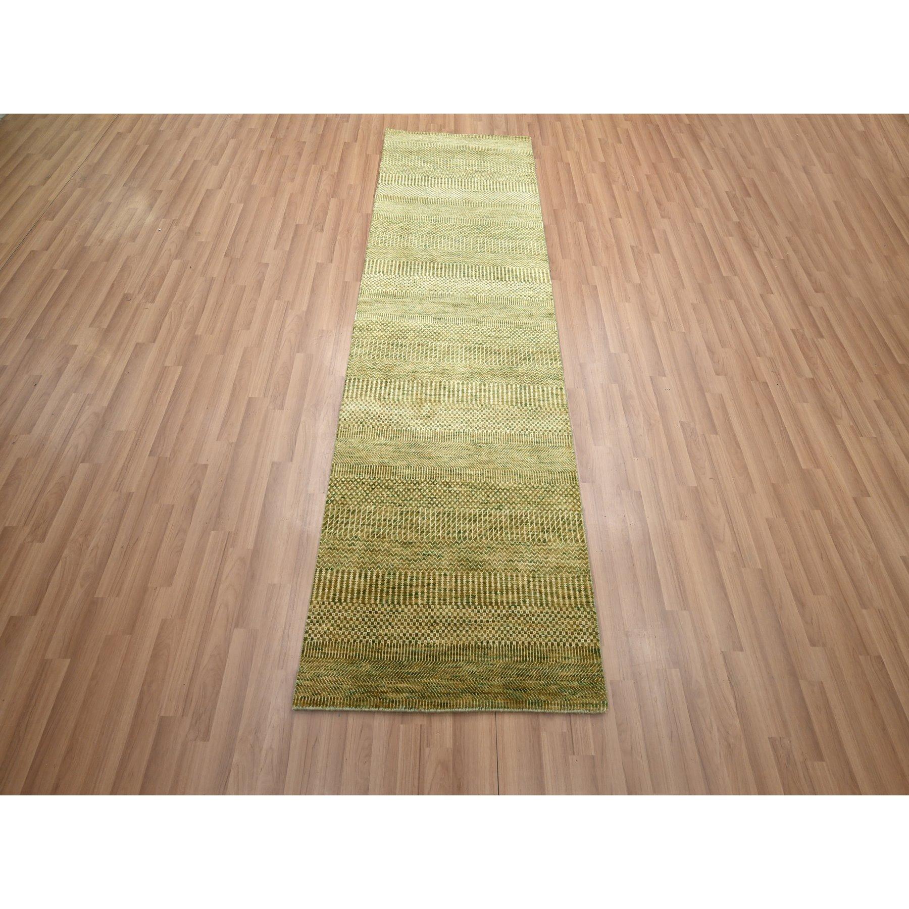 Honey Brown, Wool and Silk, Modern Grass Design, Hand Knotted, Denser Weave, Lush and Plush, Runner, Oriental Rug
Primary materials: Wool & Silk
Latex: No Pile 
height: 0.25 Inches
Style: Contemporary
Primary color: Brown
Secondary colors: Forest