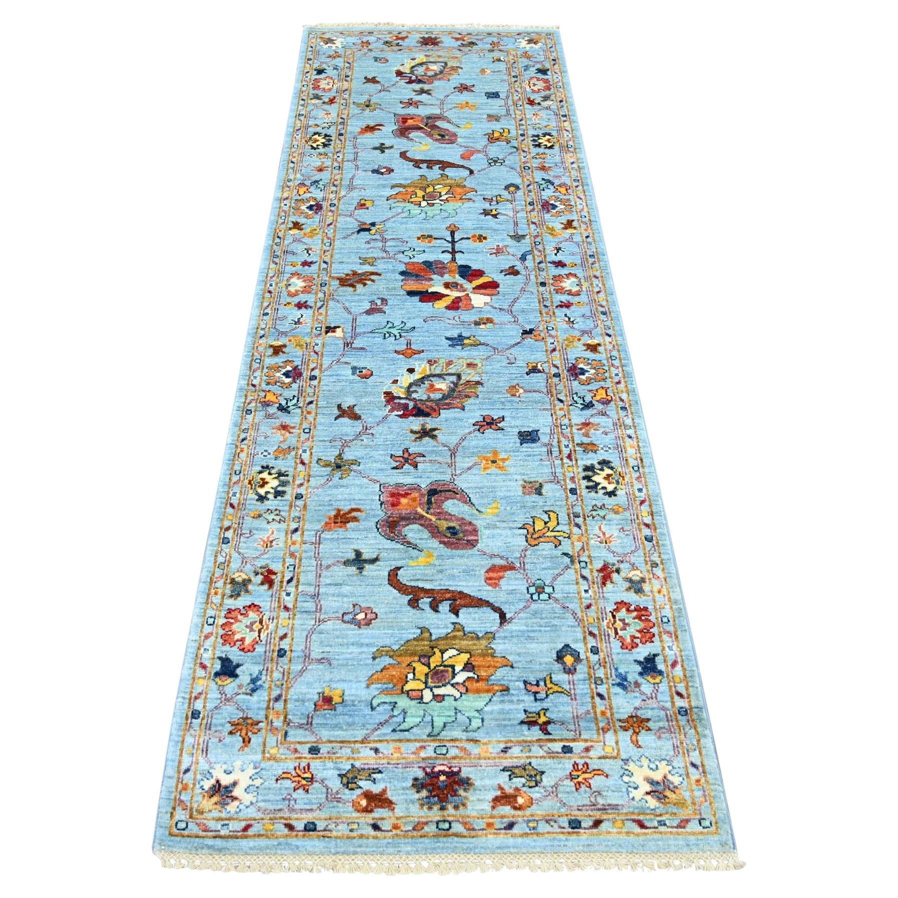 2'8"x8'2" Light Blue Afghan Sultani All Over Leaf Design Hand Knotted Wool Rug