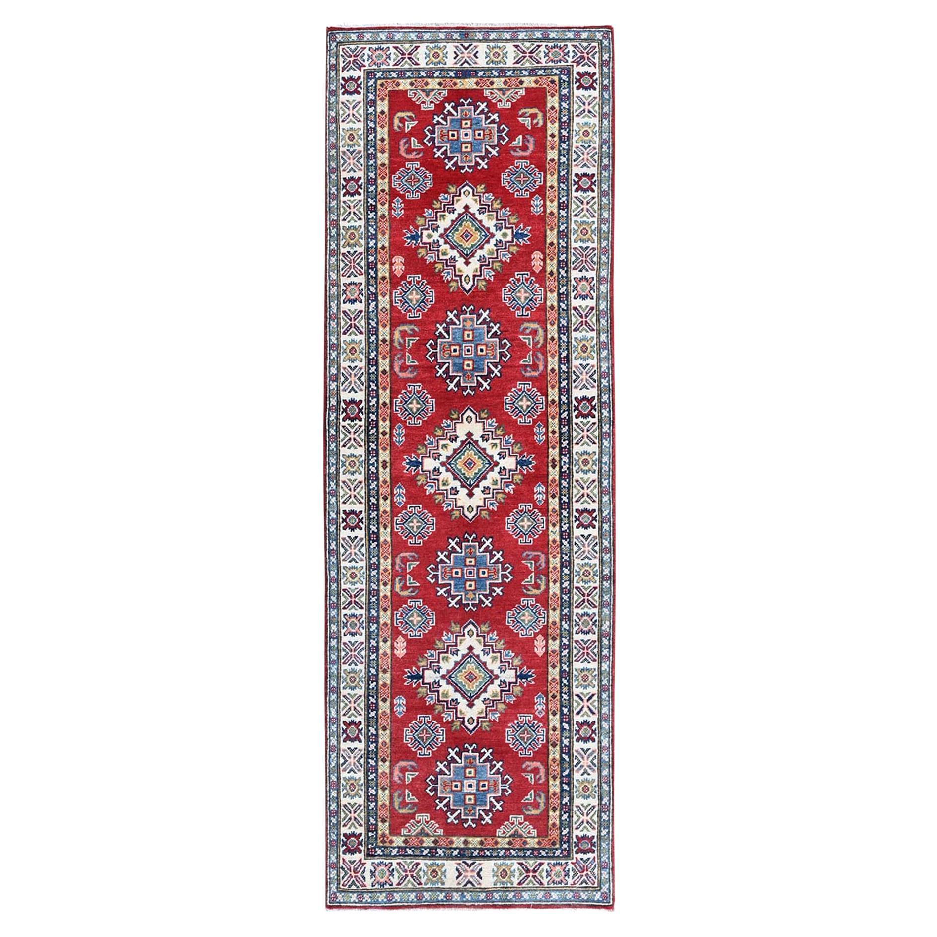 2'8"x8'2" Red Kazak with Geometric Design Soft Wool Hand Knotted Runner Rug