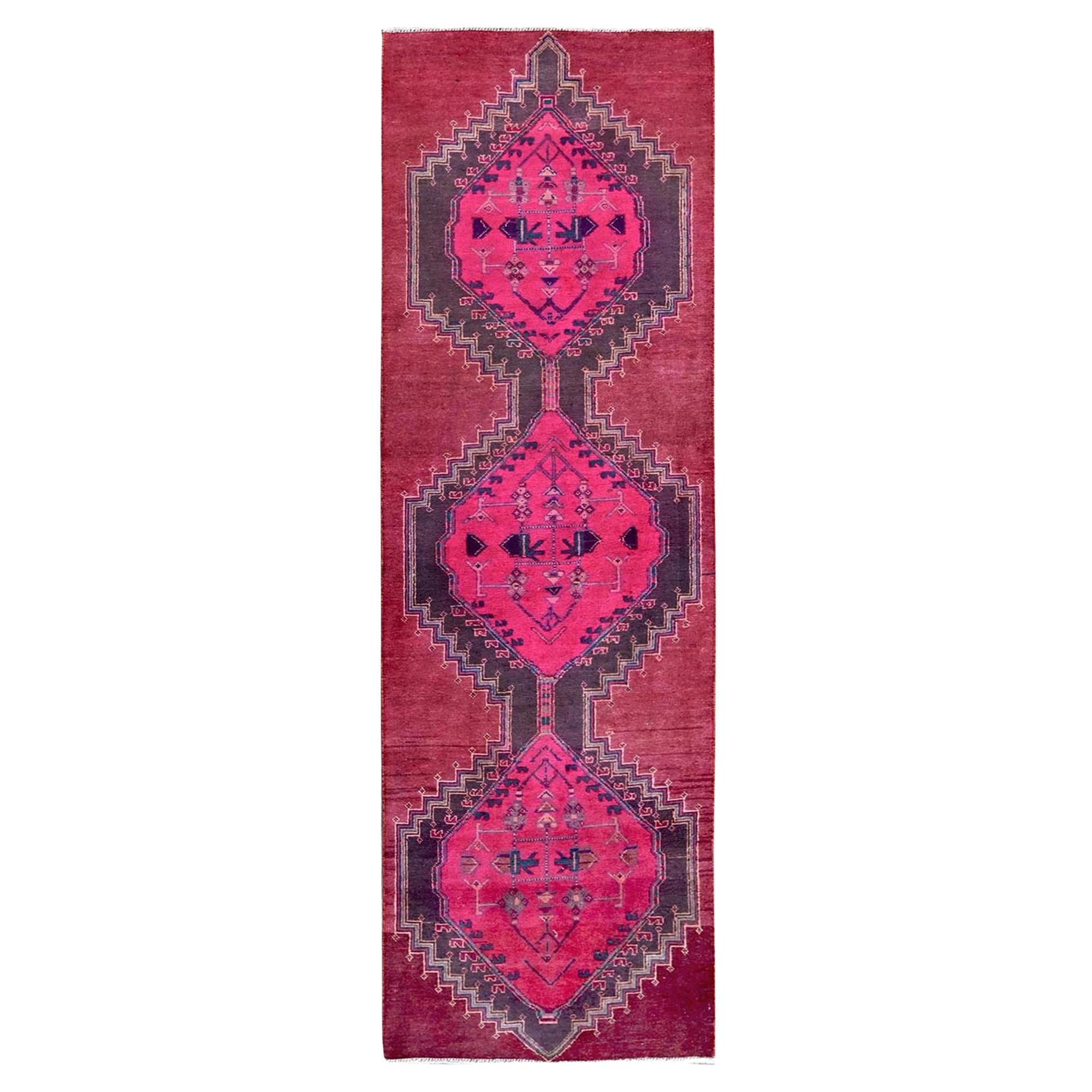 2'8"x8'3" Pink Overdyed Vintage Persian Hamadan Hand Knotted Wool Runner Rug