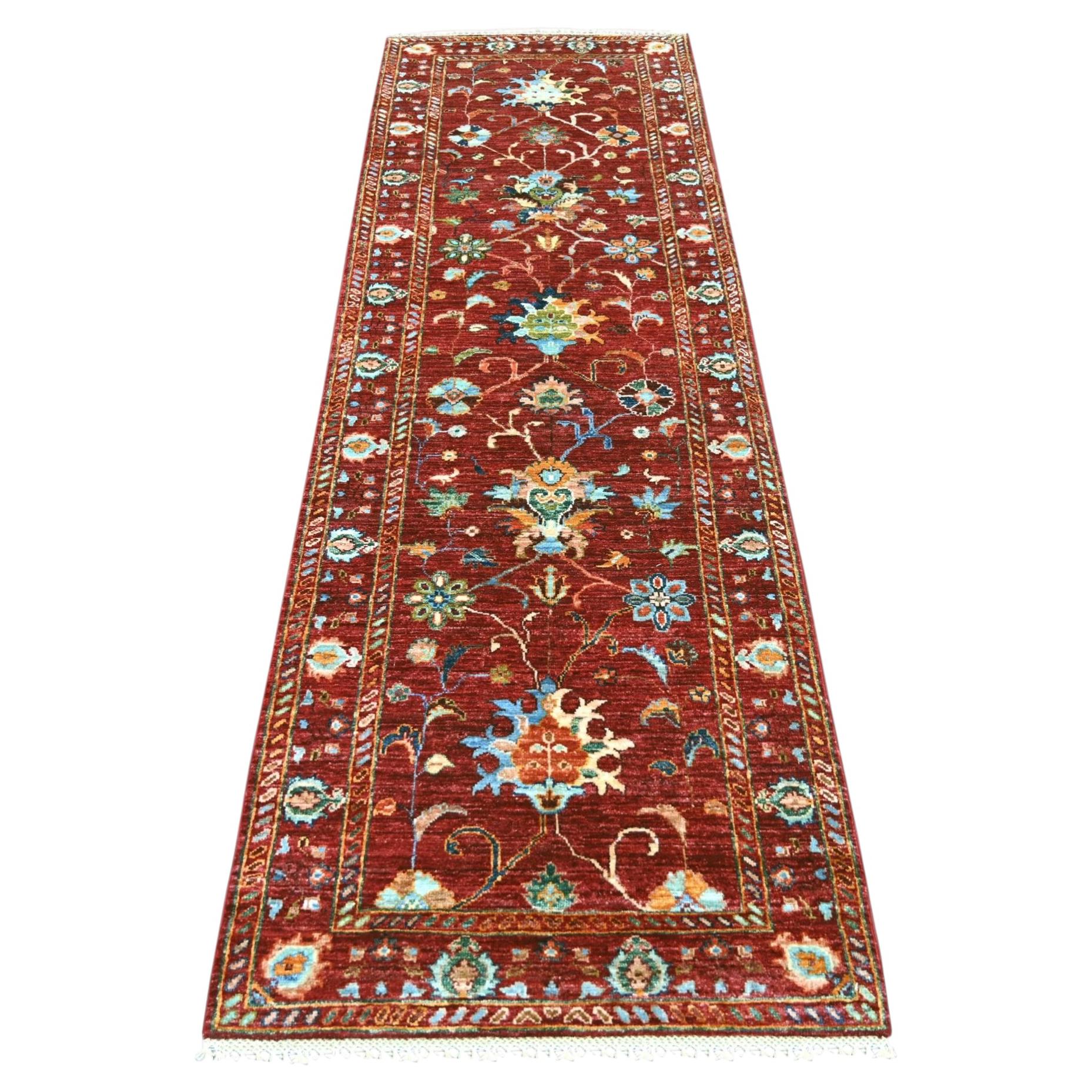 2'8"x8'4" Rust Red Afghan Sultani with All Over Floral Pattern Wool Runner Rug For Sale