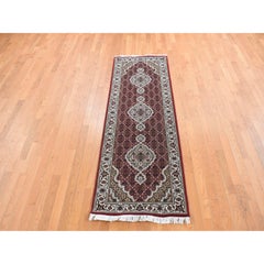 2'8"x8'5" Carmine Red, Tabriz Mahi, Wool and Silk, Hand Knotted, Runner Rug