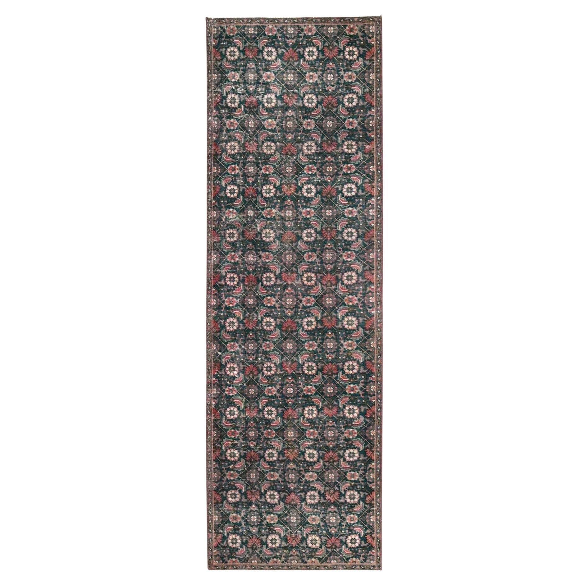 2'8"x8'5" Green Worn Out Vintage Zoroastrian Tebraz Hand Knotted Wool Runner Rug