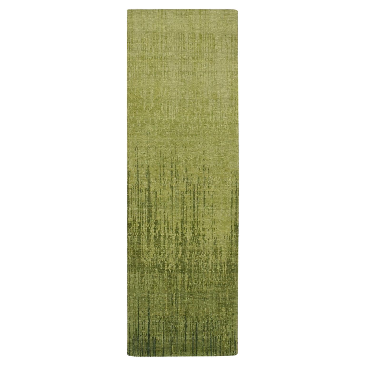 2'8"x8'5" Pickle Green Hand Knotted Wool Vertical Ombre Design Runner Rug For Sale