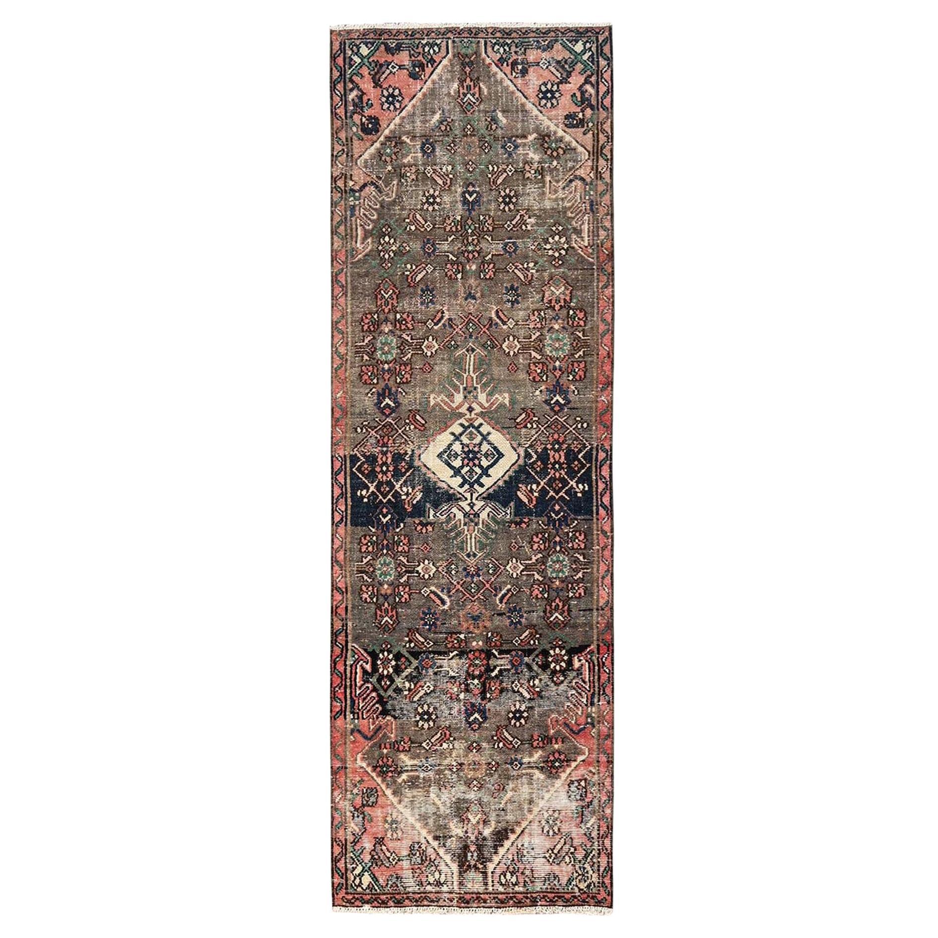 2'8"x8'9" Brown Vintage Zoroastrian Bibikabad Hand Knotted Pure Wool Runner Rug