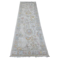 2'8"x8'9" White Hand Knotted Afghan Angora Oushak Leaf Design Wool Runner Rug