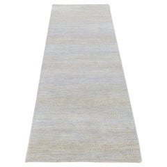Tappeto Runner in lana e seta annodato a mano 2'8 "x9'1" grigio con design a erba moderna Gabbeh