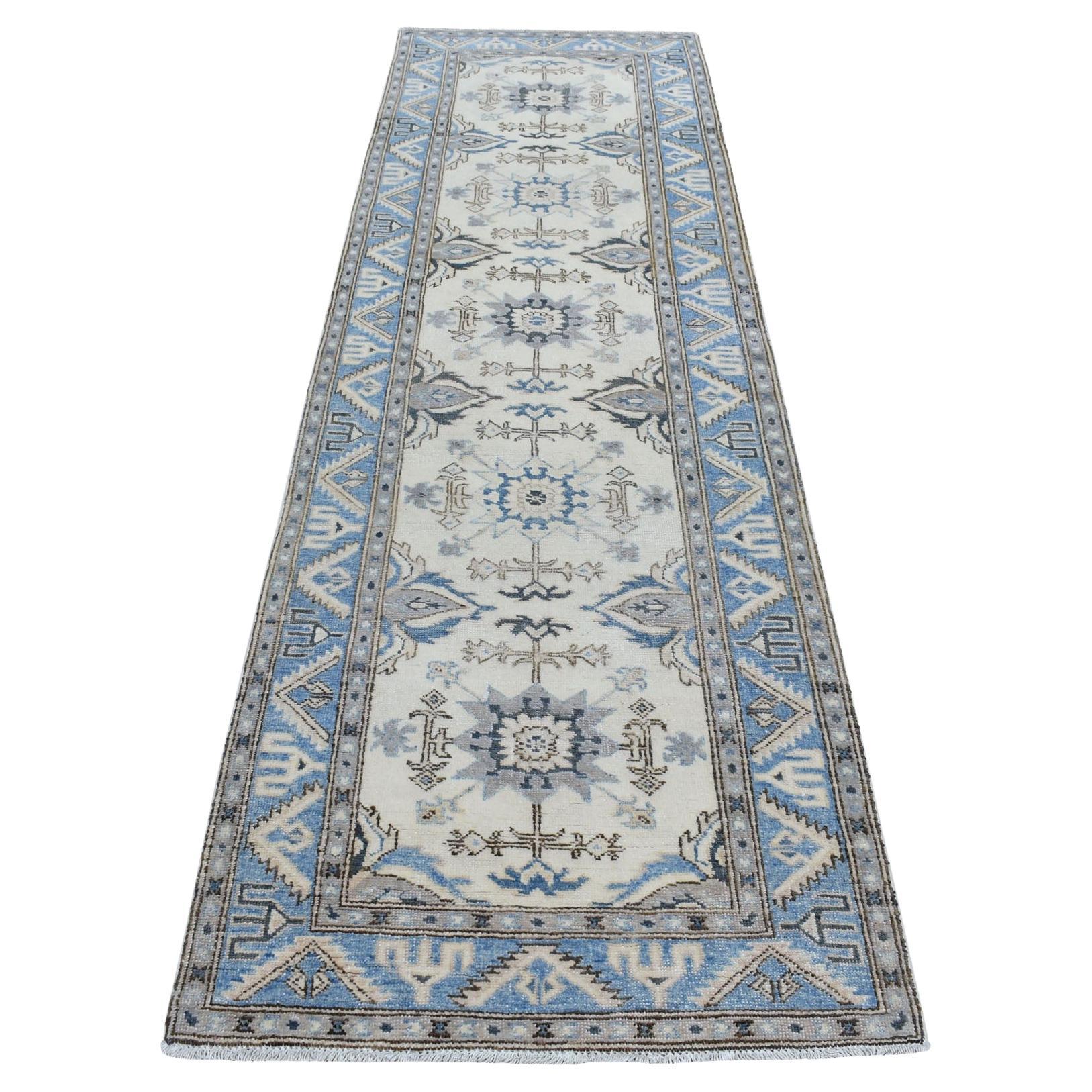 2'8"x9'1" Ivory Hand Knotted Vintage Look Kazak Wool Tribal Design Runner Rug For Sale