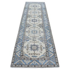 2'8"x9'1" Ivory Hand Knotted Vintage Look Kazak Wool Tribal Design Runner Rug