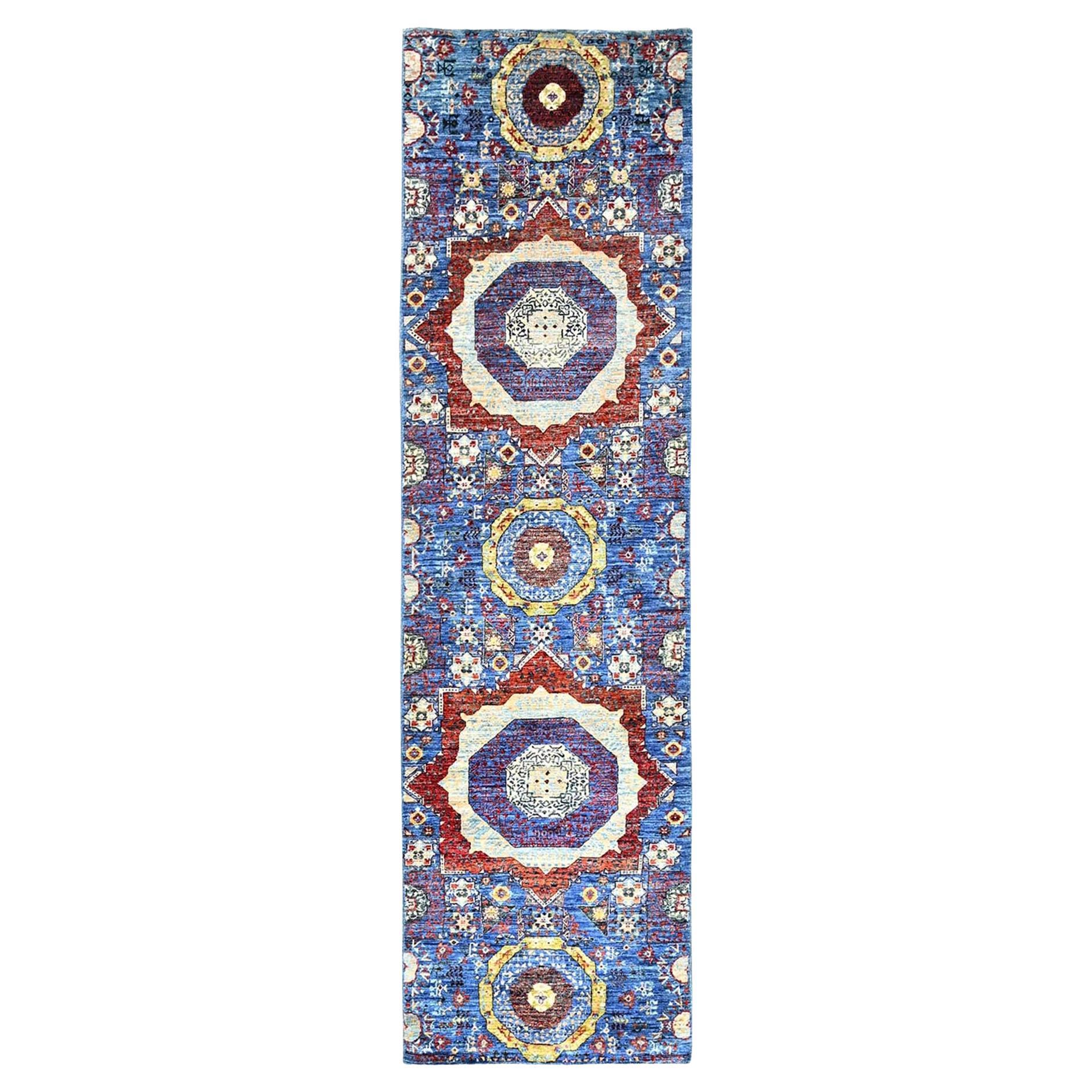 2
8"x9
10"  Blue, Hand Knotted, Wool, Mamluk Design, Runner Oriental Rug For Sale