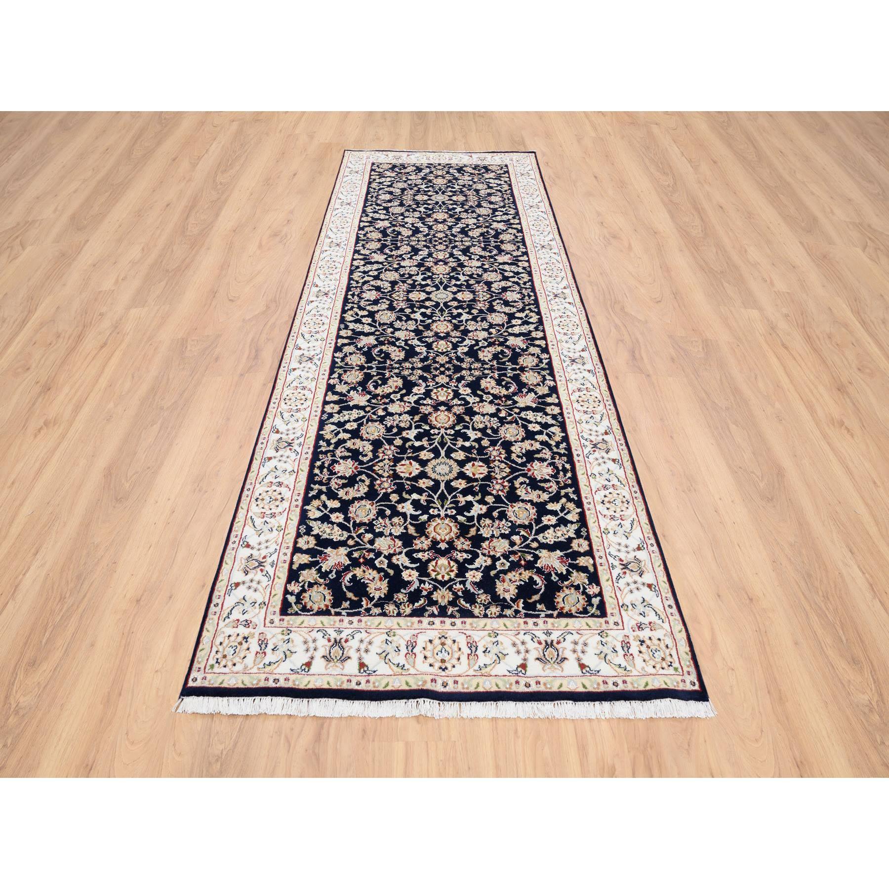 Midnight Blue, Wool 250 KPSI Hand Knotted, Nain All Over Floral Design, Fine Runner Oriental Rug
Primary materials: Wool
Latex: No Pile 
height: 0.25 Inches
Style: Traditional
Primary color: Blue
Secondary colors: Red, Gray, Brown, Beige, Green, Tan