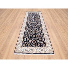 2'8"x9'10" Midnight Blue Wool Hand Knotted Nain Flower Design Fine Runner Rug