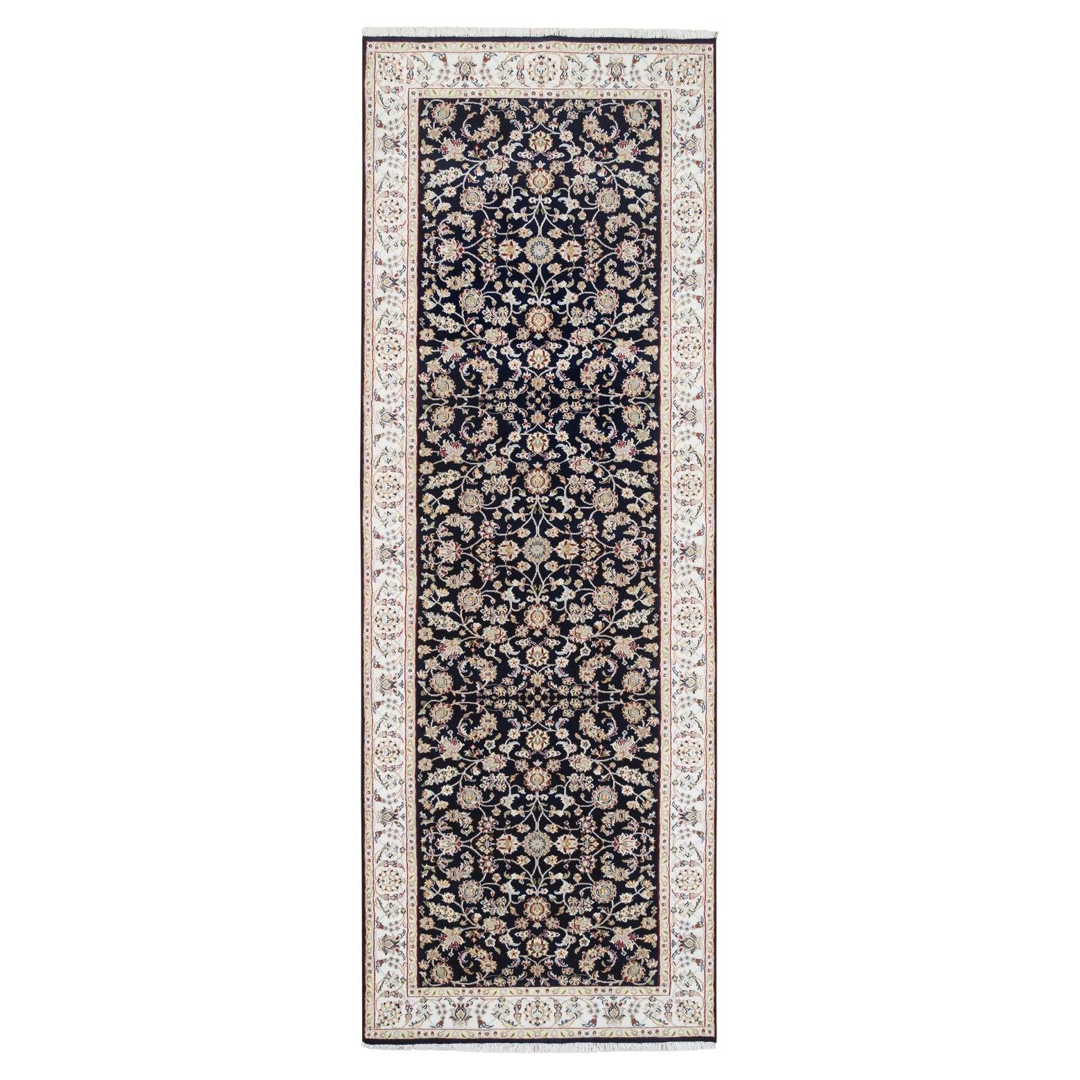 2'8"x9'10" Midnight Blue Wool Hand Knotted Nain Flower Design Fine Runner Rug